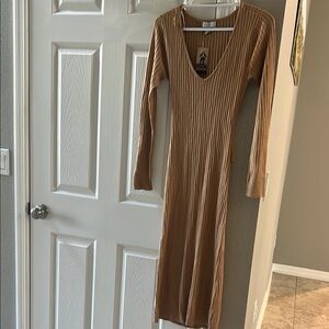 Elegant Tan Ribbed Knit Dress